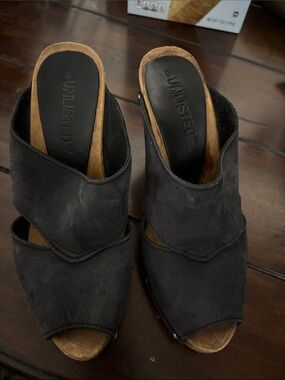 Unlisted Black Suede Open-Peep Toe Mule Heels